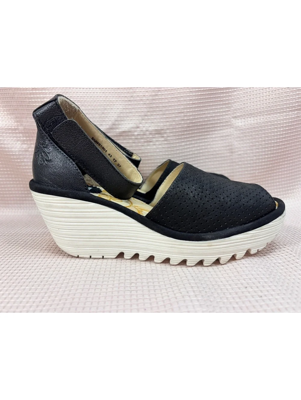 black perforated leather Fly London Yake wedge sandals Size 37 EU 6.5-7 US